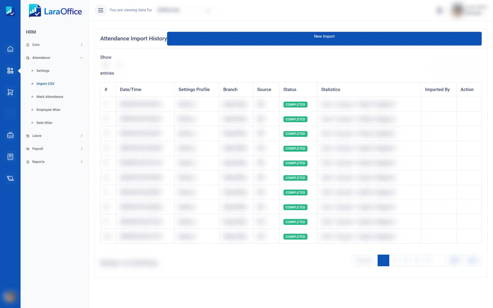 LaraOffice attendance import history with status and statistics