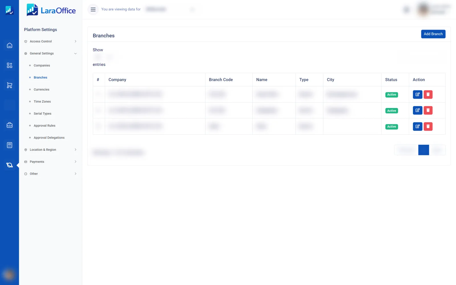 LaraOffice branch setup list
