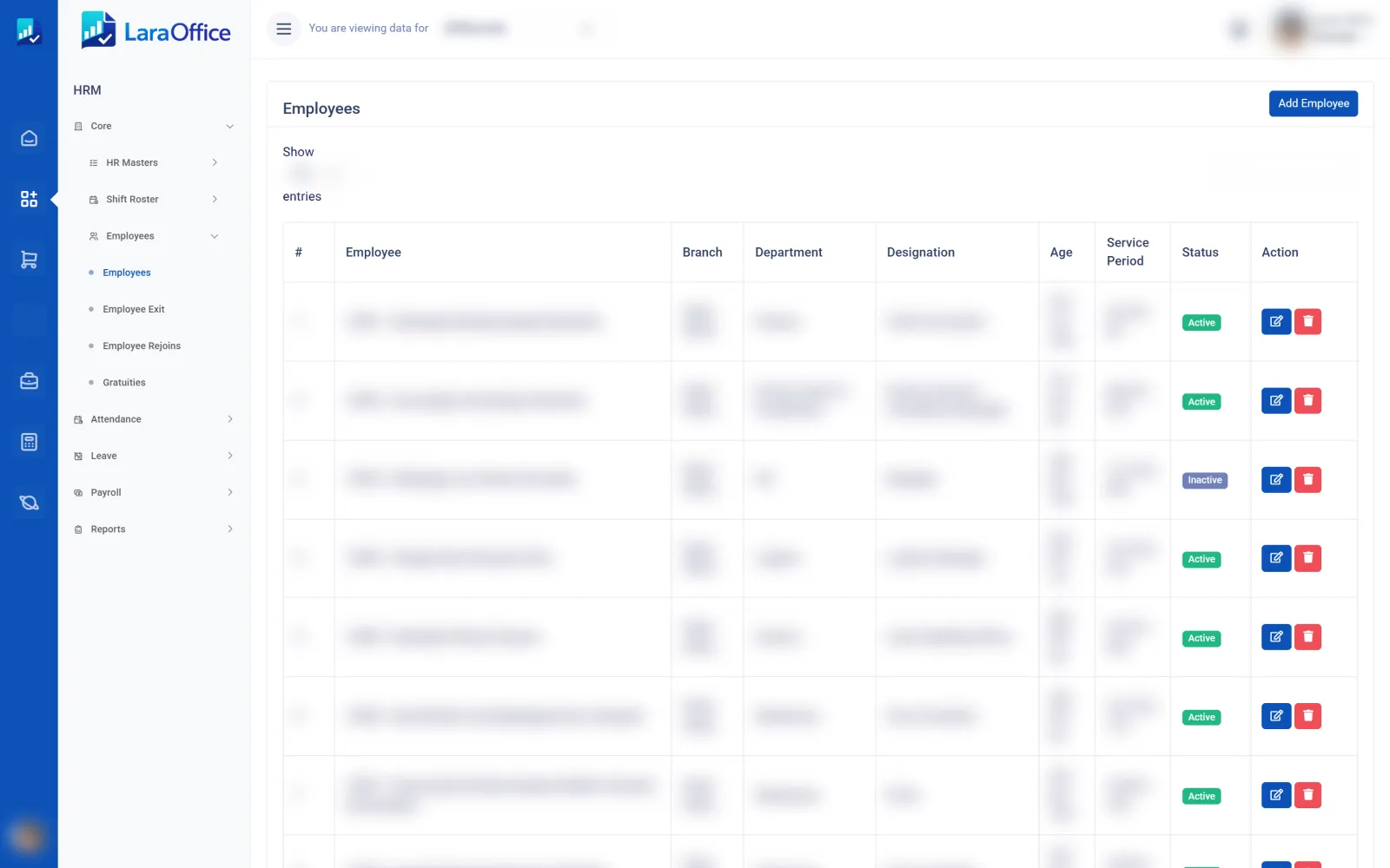 LaraOffice employee list showing branch, department, designation and status