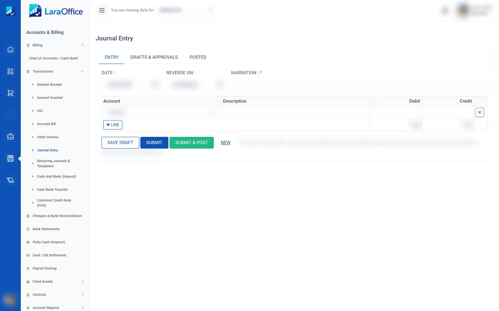 LaraOffice journal entry screen with draft, submit and post actions