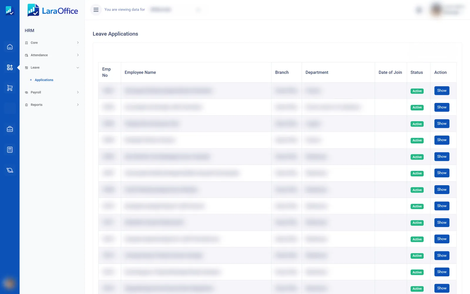 LaraOffice leave applications list with approval status