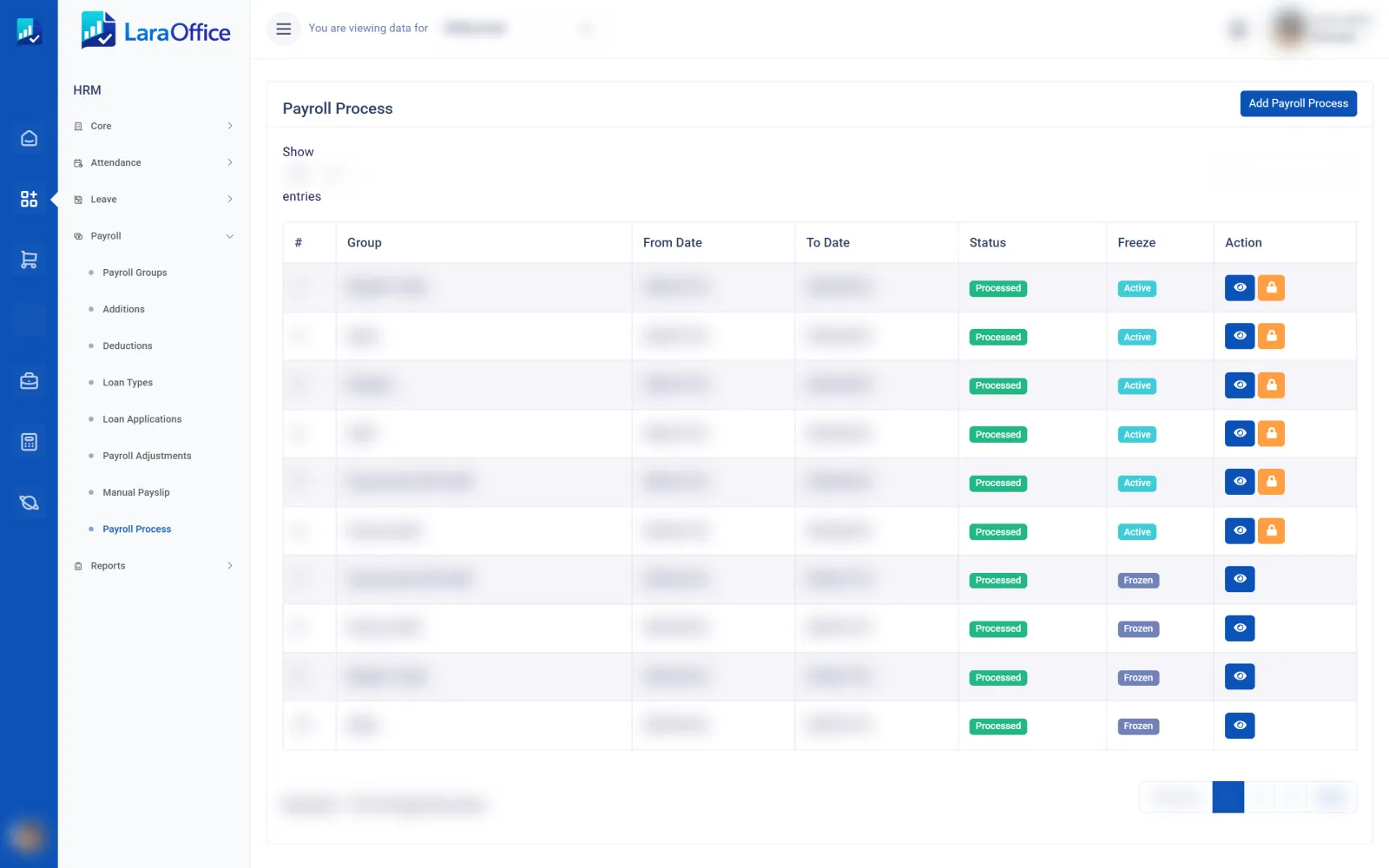 LaraOffice payroll process list by group and period
