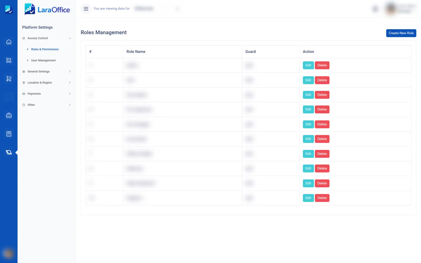 LaraOffice roles management screen