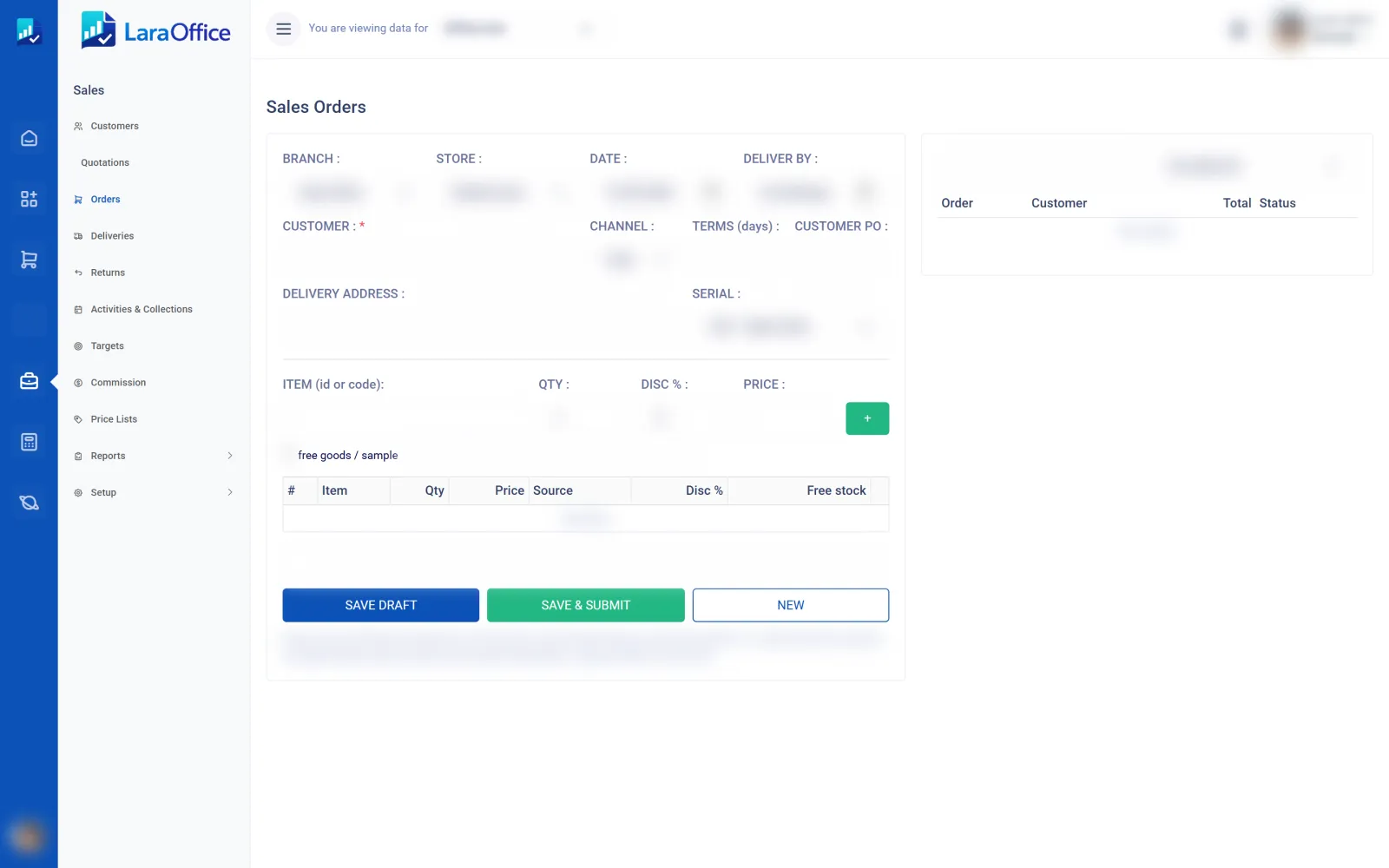 LaraOffice sales order entry screen