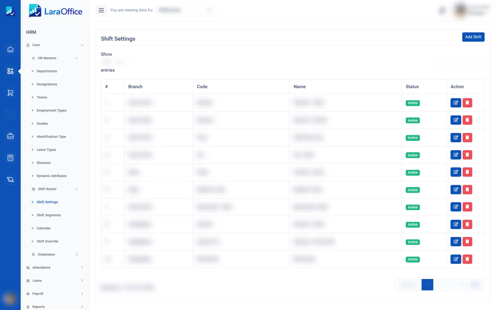 LaraOffice shift settings list by branch